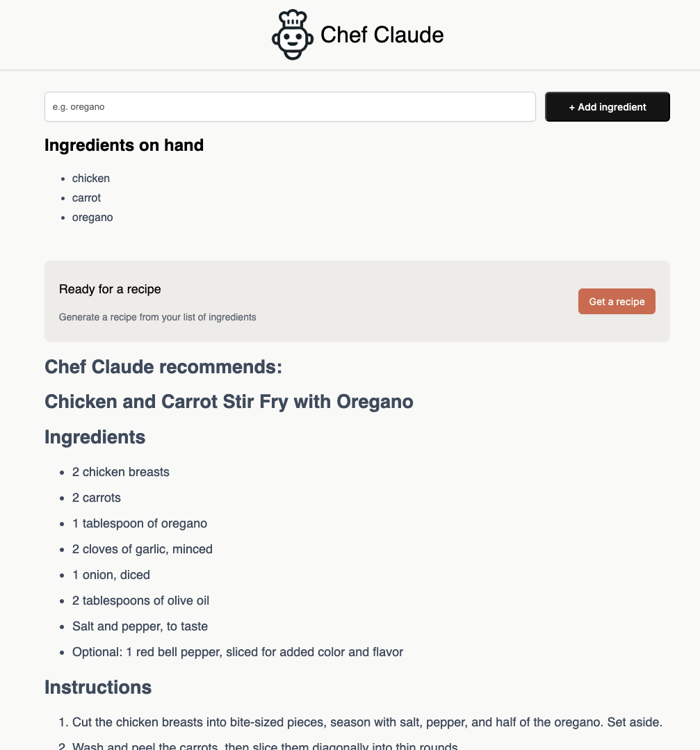 screenshot of react chef claude project