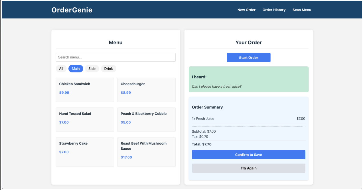screenshot of order genie project