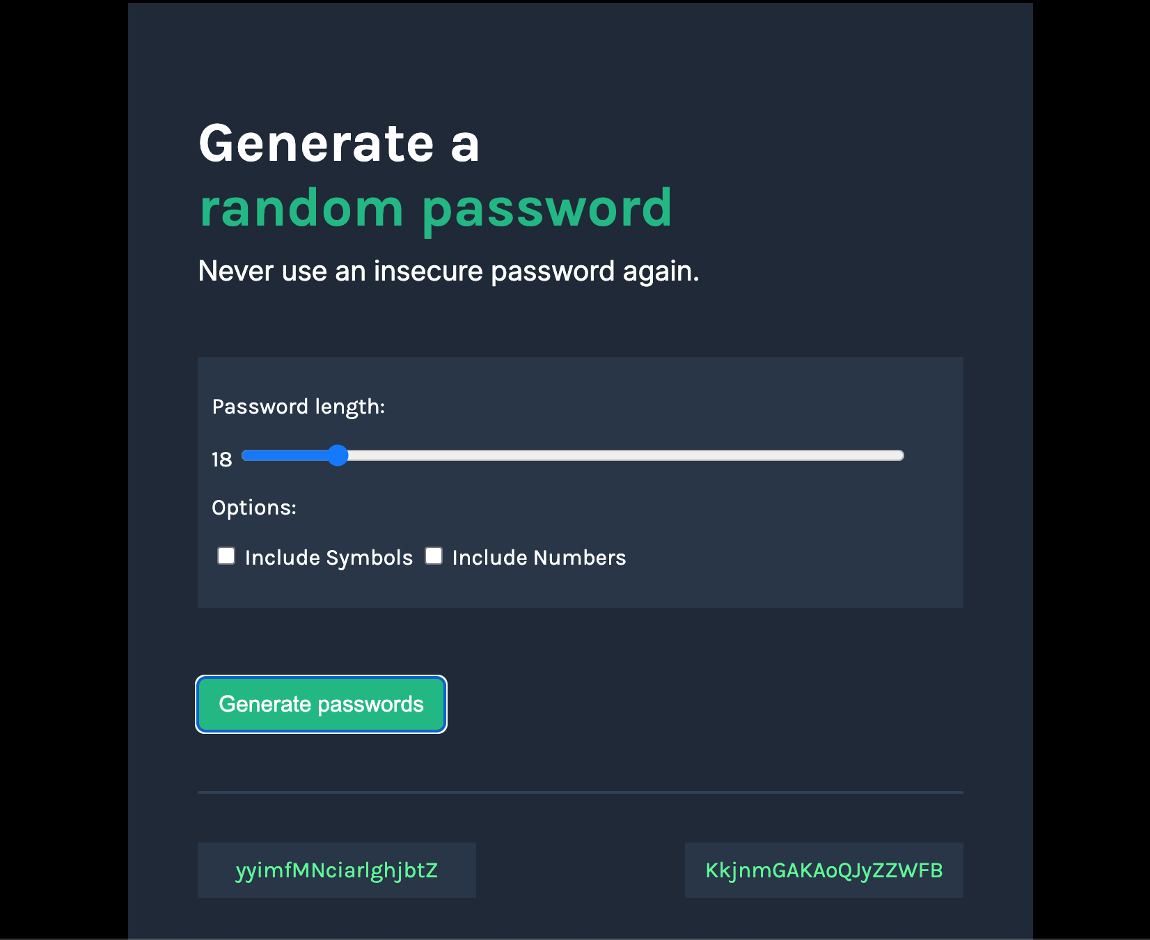 screenshot of password-generator project