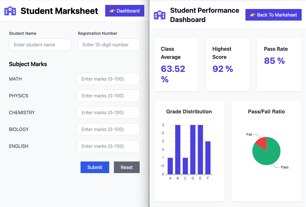 screenshot of react student marksheet project