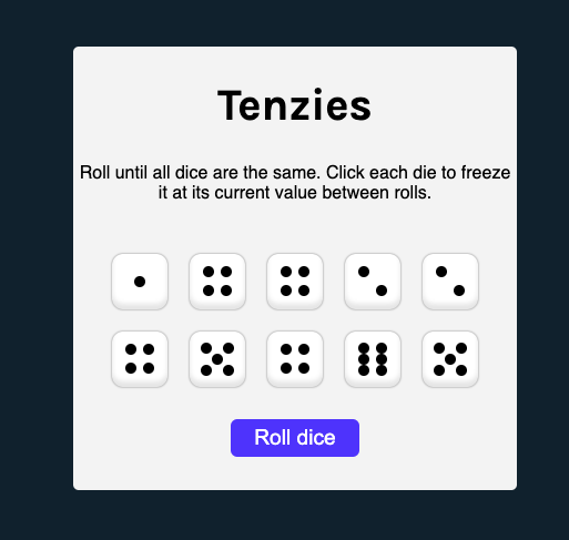 screenshot of react game tenzies project